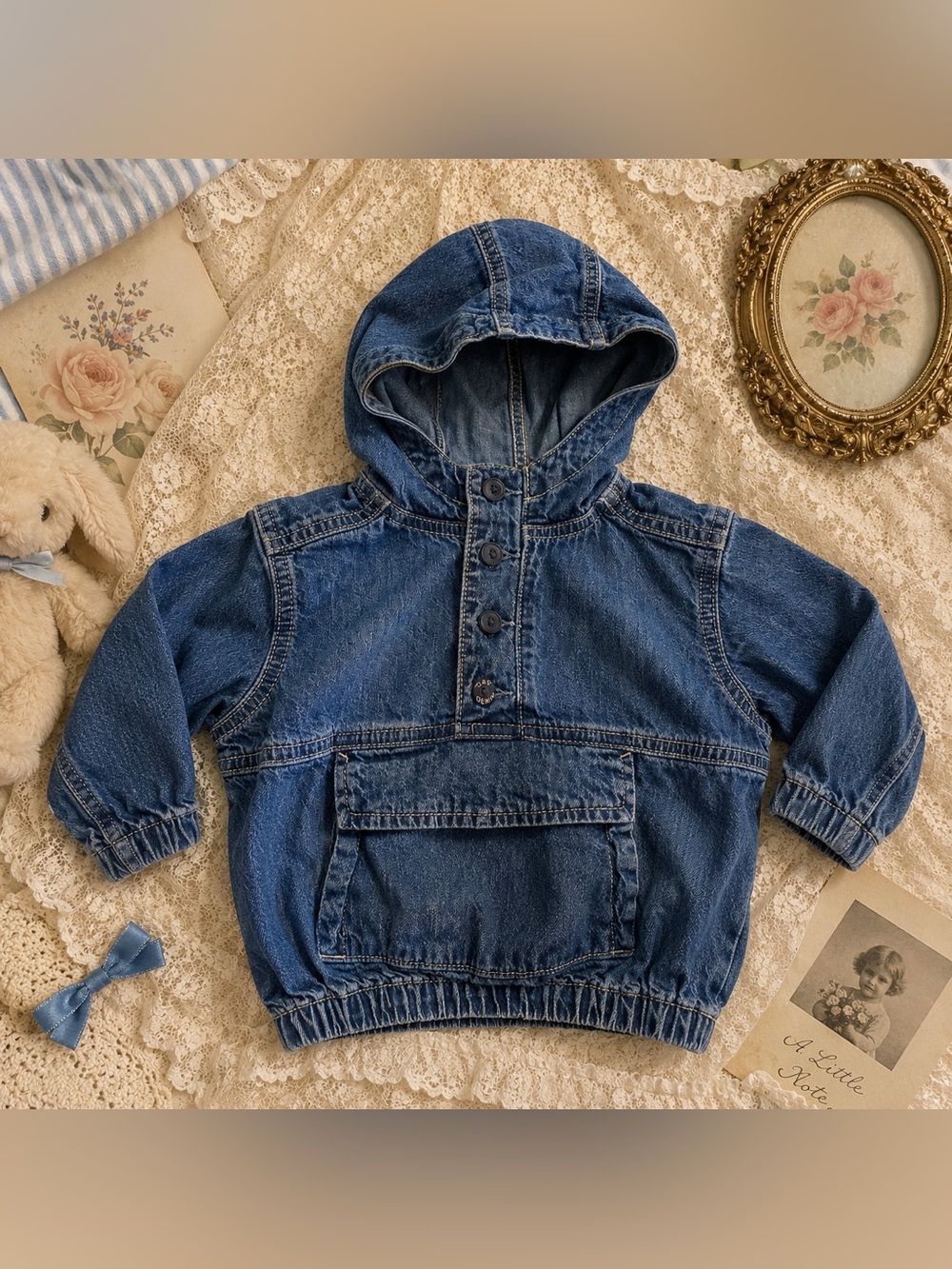 GAP Baby Denim Hooded Anorak Jacket 18-24M Pullover Hooded Blue Cotton VTG